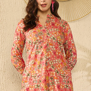 Pink Viscose Rayon Floral Printed Regular Kurti Tunics VT1310