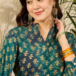 Blue Cotton Blend Ethnic Motifs Printed Regular Kurti Tunics VT1311
