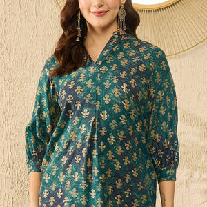 Blue Cotton Blend Ethnic Motifs Printed Regular Kurti Tunics VT1311