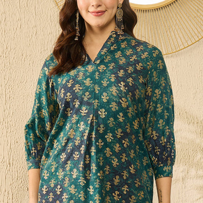 Blue Cotton Blend Ethnic Motifs Printed Regular Kurti Tunics VT1311