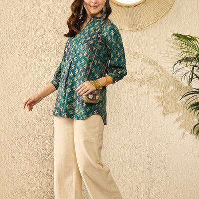 Blue Cotton Blend Ethnic Motifs Printed Regular Kurti Tunics VT1311