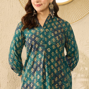 Blue Cotton Blend Ethnic Motifs Printed Regular Kurti Tunics VT1311