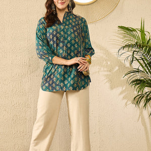 Blue Cotton Blend Ethnic Motifs Printed Regular Kurti Tunics VT1311