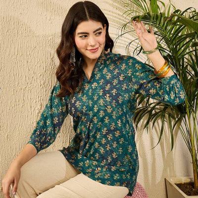 Blue Cotton Blend Ethnic Motifs Printed Regular Kurti Tunics VT1311