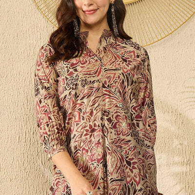 Maroon Silk Blend Floral Printed Regular Kurti Tunics VT1312