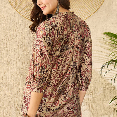 Maroon Silk Blend Floral Printed Regular Kurti Tunics VT1312