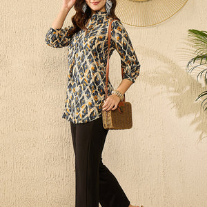Blue Viscose Rayon Abstract Printed Regular Kurti Tunics VT1313