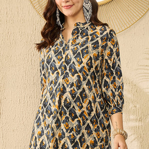 Blue Viscose Rayon Abstract Printed Regular Kurti Tunics VT1313