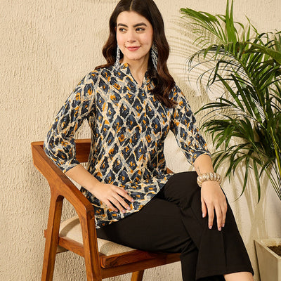 Blue Viscose Rayon Abstract Printed Regular Kurti Tunics VT1313