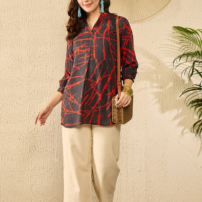 Black Viscose Rayon Abstract Printed Regular Kurti Tunics VT1314