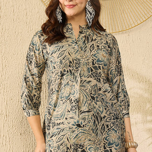 Blue Silk Blend Floral Printed Regular Kurti Tunics VT1315
