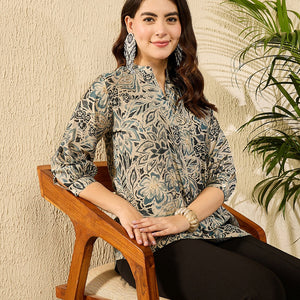 Blue Silk Blend Floral Printed Regular Kurti Tunics VT1315
