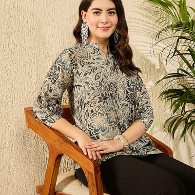 Blue Silk Blend Floral Printed Regular Kurti Tunics VT1315