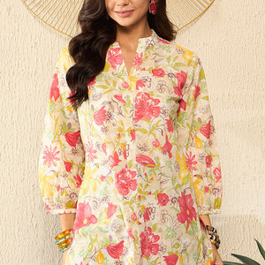 Off White Cotton Floral Printed Regular Kurti Tunics VT1316