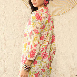 Off White Cotton Floral Printed Regular Kurti Tunics VT1316