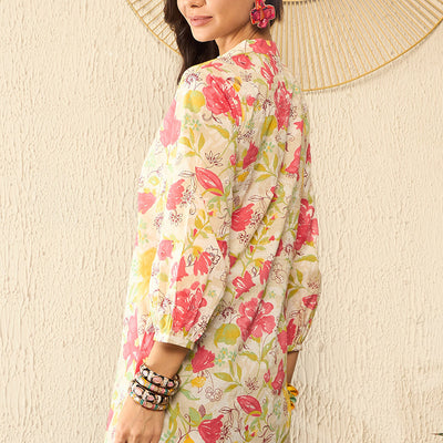 Off White Cotton Floral Printed Regular Kurti Tunics VT1316