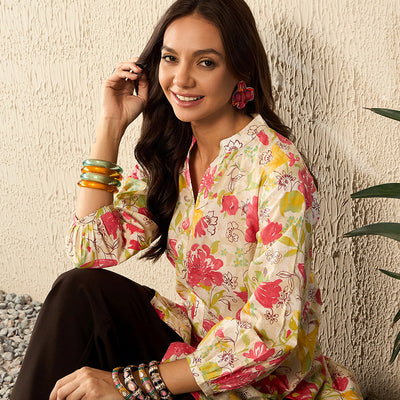 Off White Cotton Floral Printed Regular Kurti Tunics VT1316