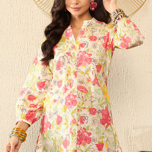 Off White Cotton Floral Printed Regular Kurti Tunics VT1316