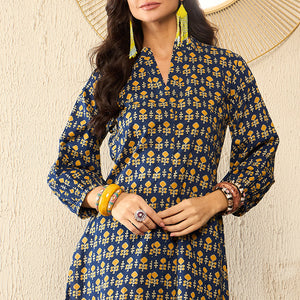 Blue Cotton Blend Ethnic Motifs Printed Regular Kurti Tunics VT1318