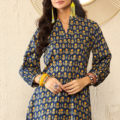Blue Cotton Blend Ethnic Motifs Printed Regular Kurti Tunics VT1318