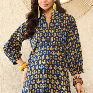 Blue Cotton Blend Ethnic Motifs Printed Regular Kurti Tunics VT1318