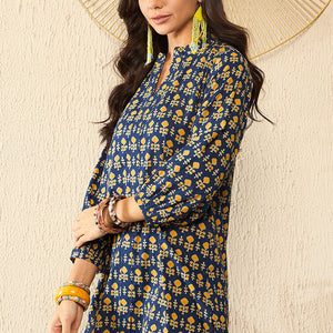 Blue Cotton Blend Ethnic Motifs Printed Regular Kurti Tunics VT1318