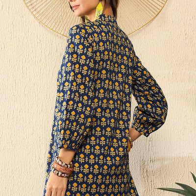 Blue Cotton Blend Ethnic Motifs Printed Regular Kurti Tunics VT1318