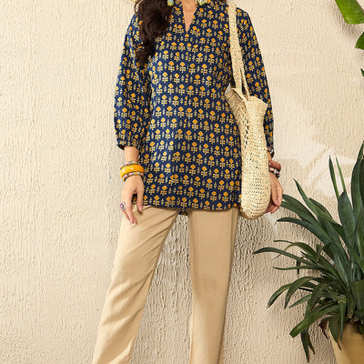 Blue Cotton Blend Ethnic Motifs Printed Regular Kurti Tunics VT1318