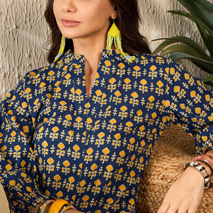 Blue Cotton Blend Ethnic Motifs Printed Regular Kurti Tunics VT1318