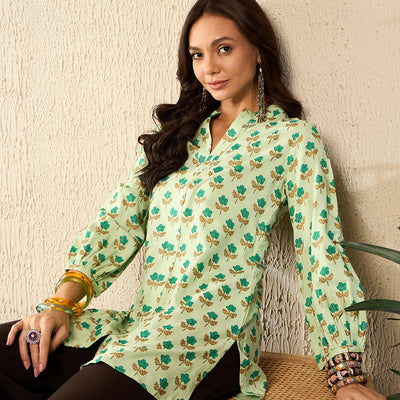 Green Viscose Rayon Floral Printed Regular Kurti Tunics VT1323