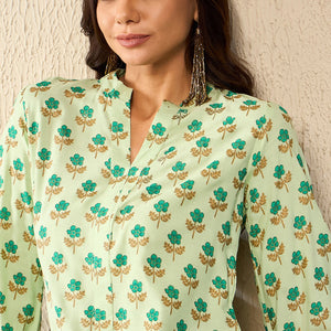 Green Viscose Rayon Floral Printed Regular Kurti Tunics VT1323