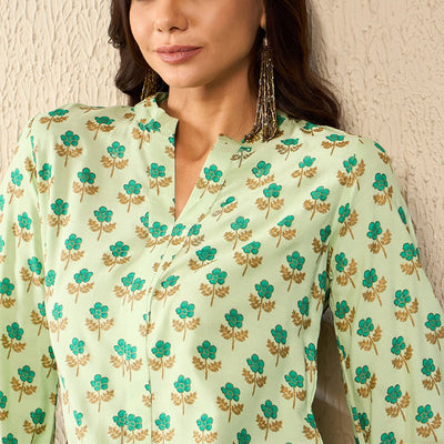 Green Viscose Rayon Floral Printed Regular Kurti Tunics VT1323