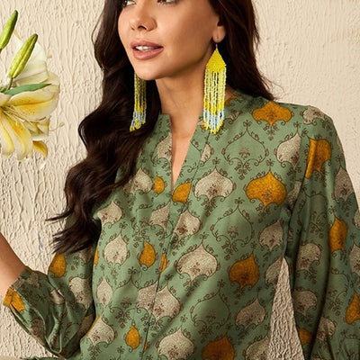 Green Cotton Blend Ethnic Motifs Printed Regular Kurti Tunics VT1325