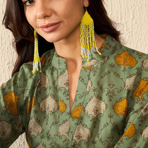 Green Cotton Blend Ethnic Motifs Printed Regular Kurti Tunics VT1325