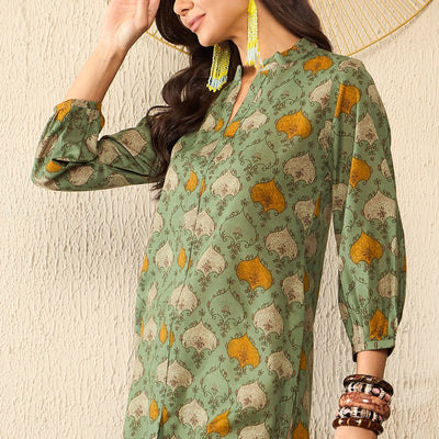 Green Cotton Blend Ethnic Motifs Printed Regular Kurti Tunics VT1325