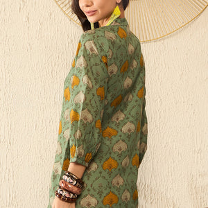 Green Cotton Blend Ethnic Motifs Printed Regular Kurti Tunics VT1325
