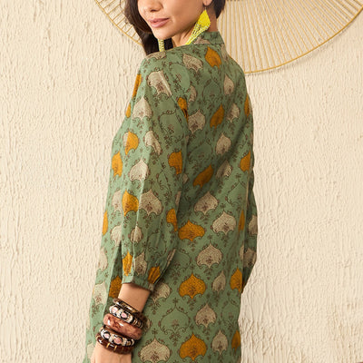 Green Cotton Blend Ethnic Motifs Printed Regular Kurti Tunics VT1325