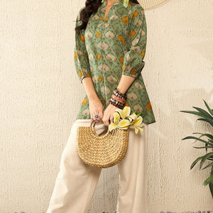 Green Cotton Blend Ethnic Motifs Printed Regular Kurti Tunics VT1325