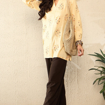 Yellow Cotton Blend Floral Printed Regular Kurti Tunics VT1327