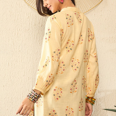 Yellow Cotton Blend Floral Printed Regular Kurti Tunics VT1327