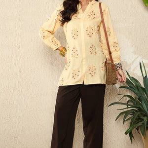 Yellow Cotton Blend Floral Printed Regular Kurti Tunics VT1327
