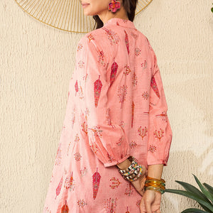 Pink Cotton Blend Floral Printed Regular Kurti Tunics VT1328