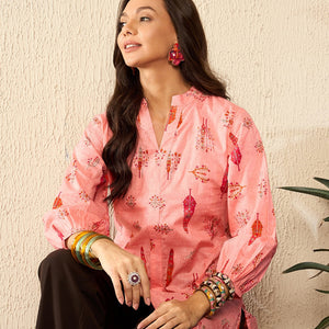 Pink Cotton Blend Floral Printed Regular Kurti Tunics VT1328