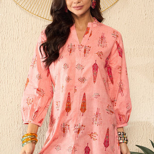 Pink Cotton Blend Floral Printed Regular Kurti Tunics VT1328