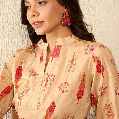 Beige Cotton Blend Floral Printed Regular Kurti Tunics VT1329
