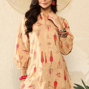 Beige Cotton Blend Floral Printed Regular Kurti Tunics VT1329
