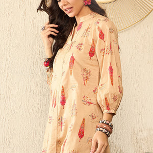 Beige Cotton Blend Floral Printed Regular Kurti Tunics VT1329