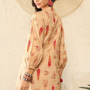 Beige Cotton Blend Floral Printed Regular Kurti Tunics VT1329