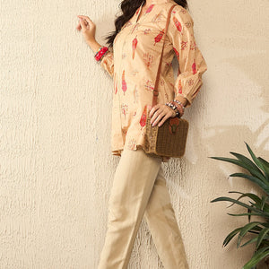 Beige Cotton Blend Floral Printed Regular Kurti Tunics VT1329