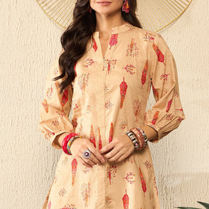 Beige Cotton Blend Floral Printed Regular Kurti Tunics VT1329
